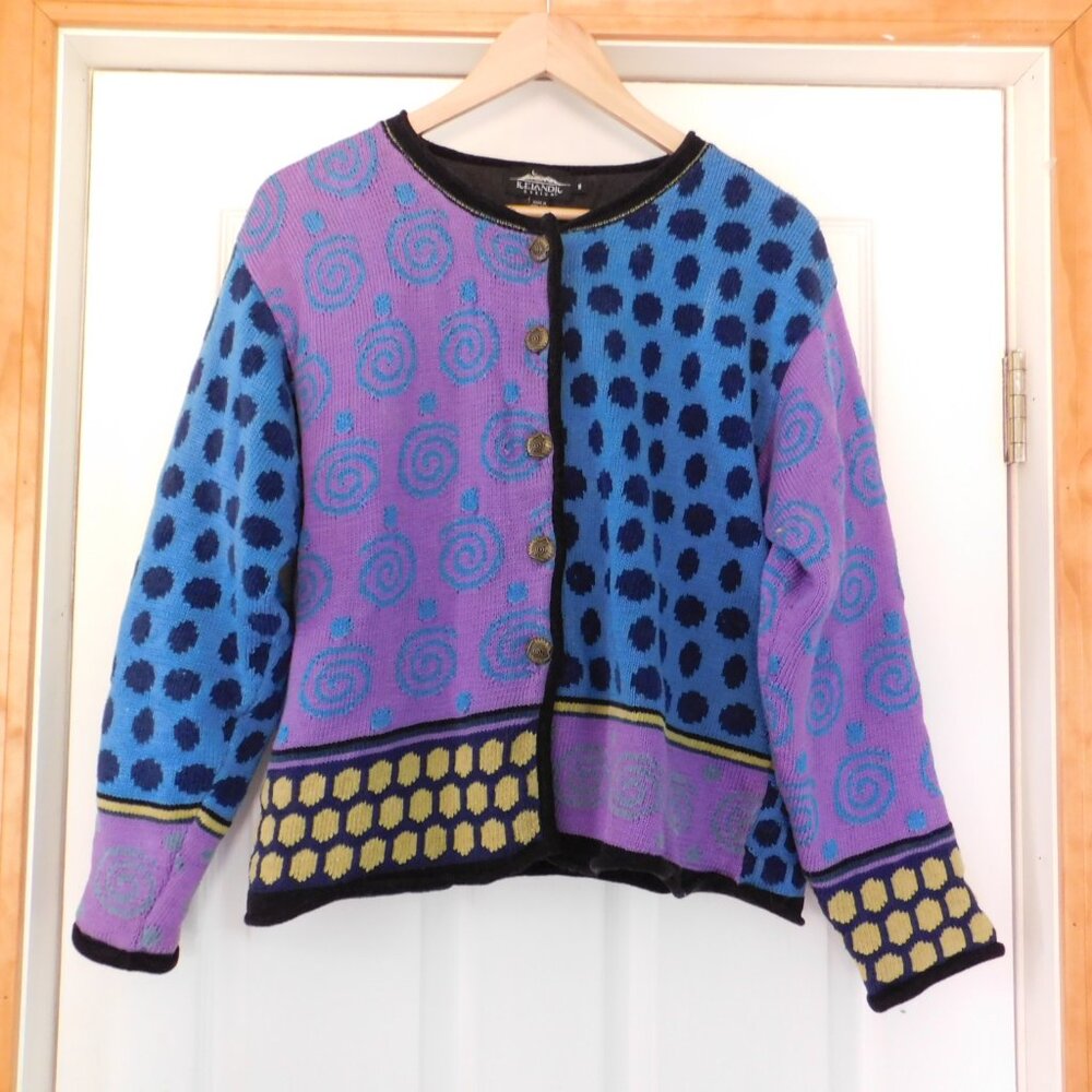 Vintage Icelandic Design Sweater Womens‎ Cotton Polka Dot Blue Purple Lined M